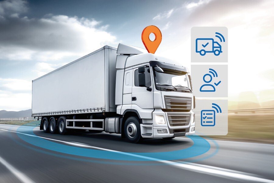 Vrachtwagen met markering-pin en verschillende telematiksymbolen